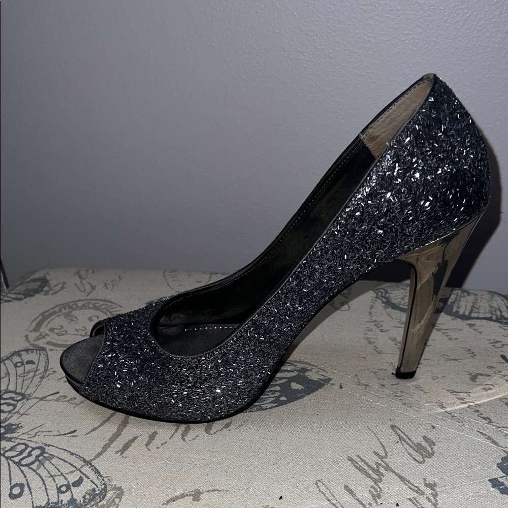 Nine West Glittery Navy Peep-Toe Heels - Picture 2 of 8
